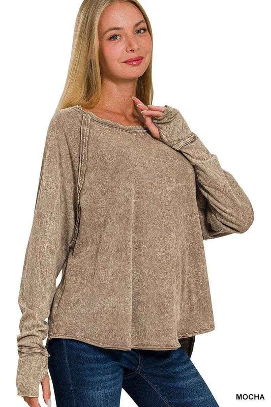 Zenana Crinkle Washed Thumb Hole Cuffs Long Sleeve Top MOCHA Trendsi ff0c3d3476fe498ea945e6fb50ef754e-Max-Origin