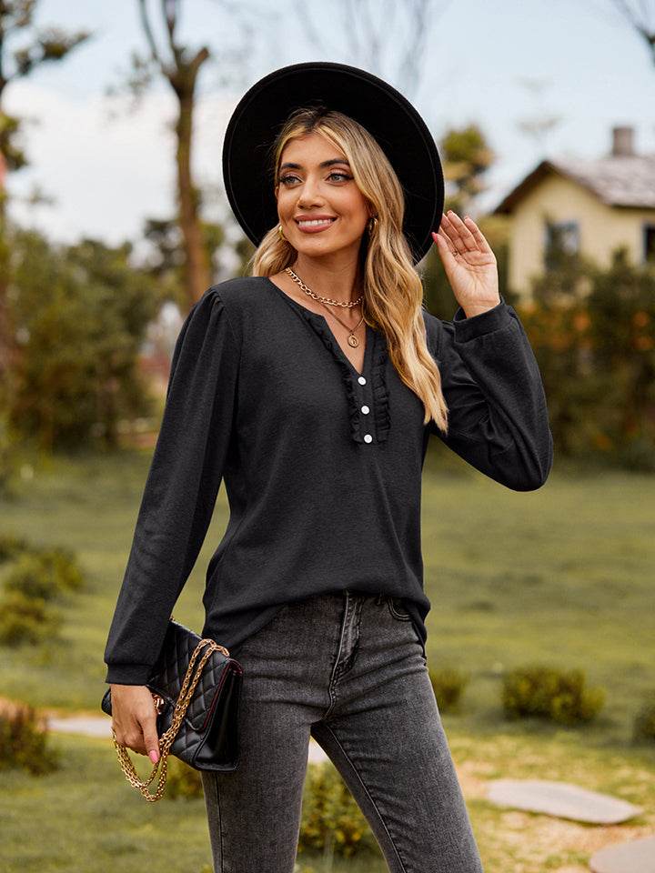 Puff Sleeve Ruffle Trim Blouse Trendsi ff92181a222847e5bacead6095c4f93d-Max