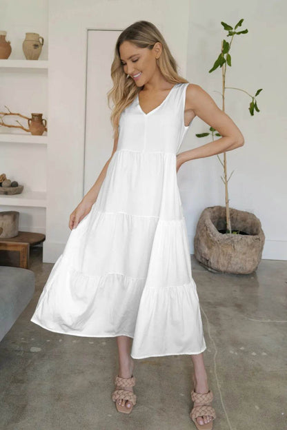 FAM-FAM Tiered V-Neck Sleeveless Dress White Trendsi ff95c274-3f66-4a5b-90f3-ce88391e183d-Max