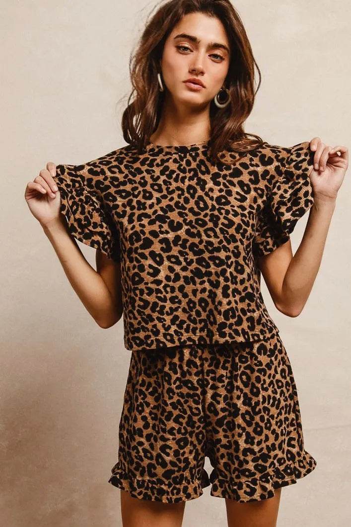BiBi Leopard Print Waffle Texture Layered Ruffle Sleeve Top and Shorts Set Trendsi ffa95a1b9ea84f5c8f21d6c2310c991b-Max-Origin