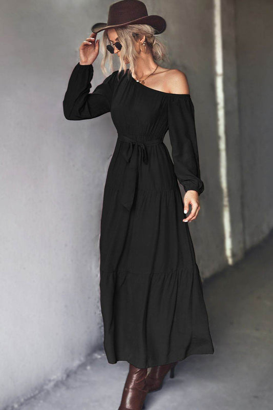 Belted One-Shoulder Tiered Maxi Dress Trendsi ffcbca73962448f683cb9b077071eb26-Max
