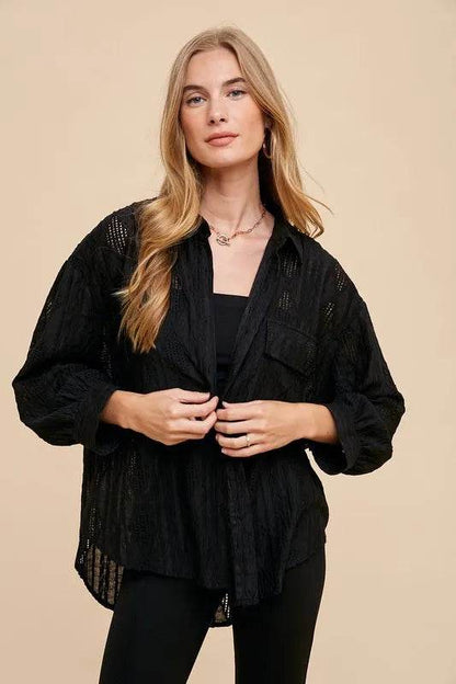 Annie Wear Openwork Button Down Drop Shoulder Shirt Trendsi ffce15e2-b716-476c-be26-399a09153611-Max