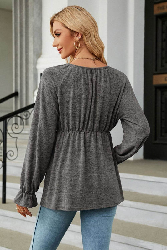 Round Neck Flounce Sleeve Blouse Trendsi ffd15d4ed8f645d188525b8680324c8a-Max